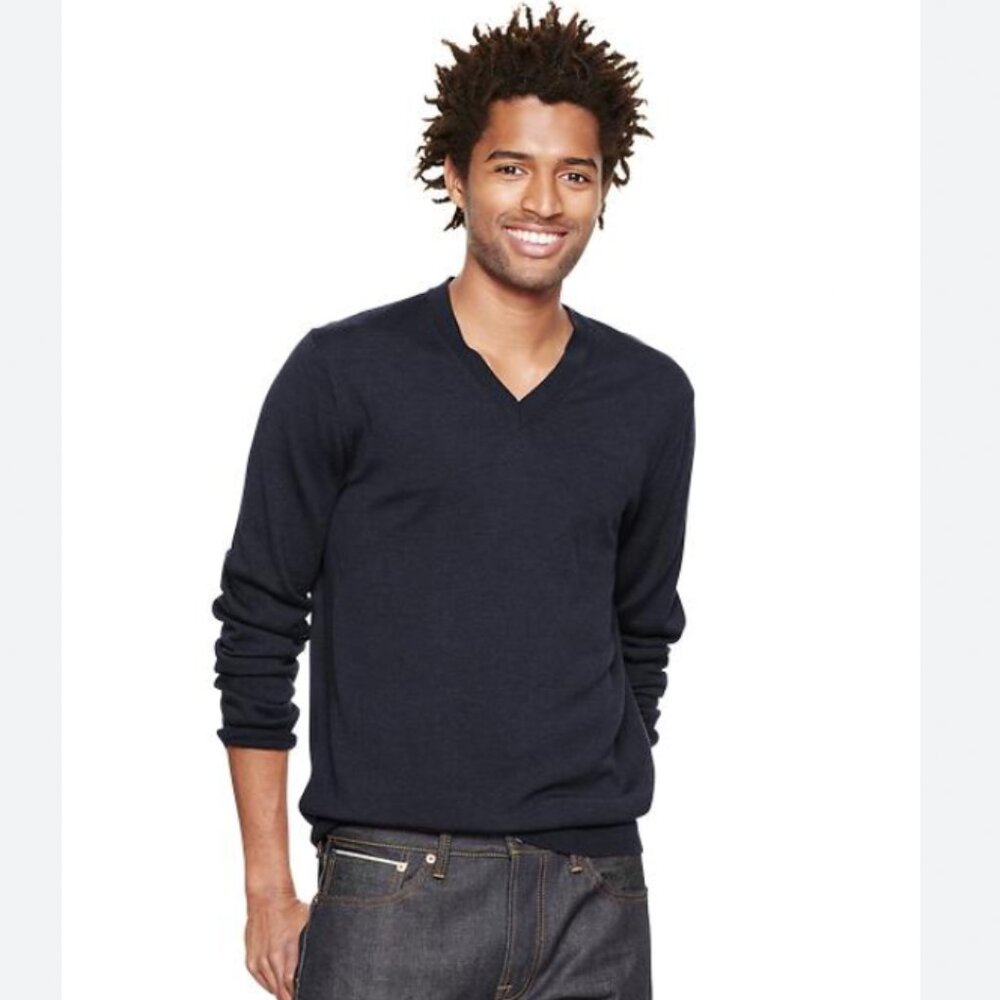 Gap Men‎ V-Neck Sweater in Merino Wool Navy Blue Size XL